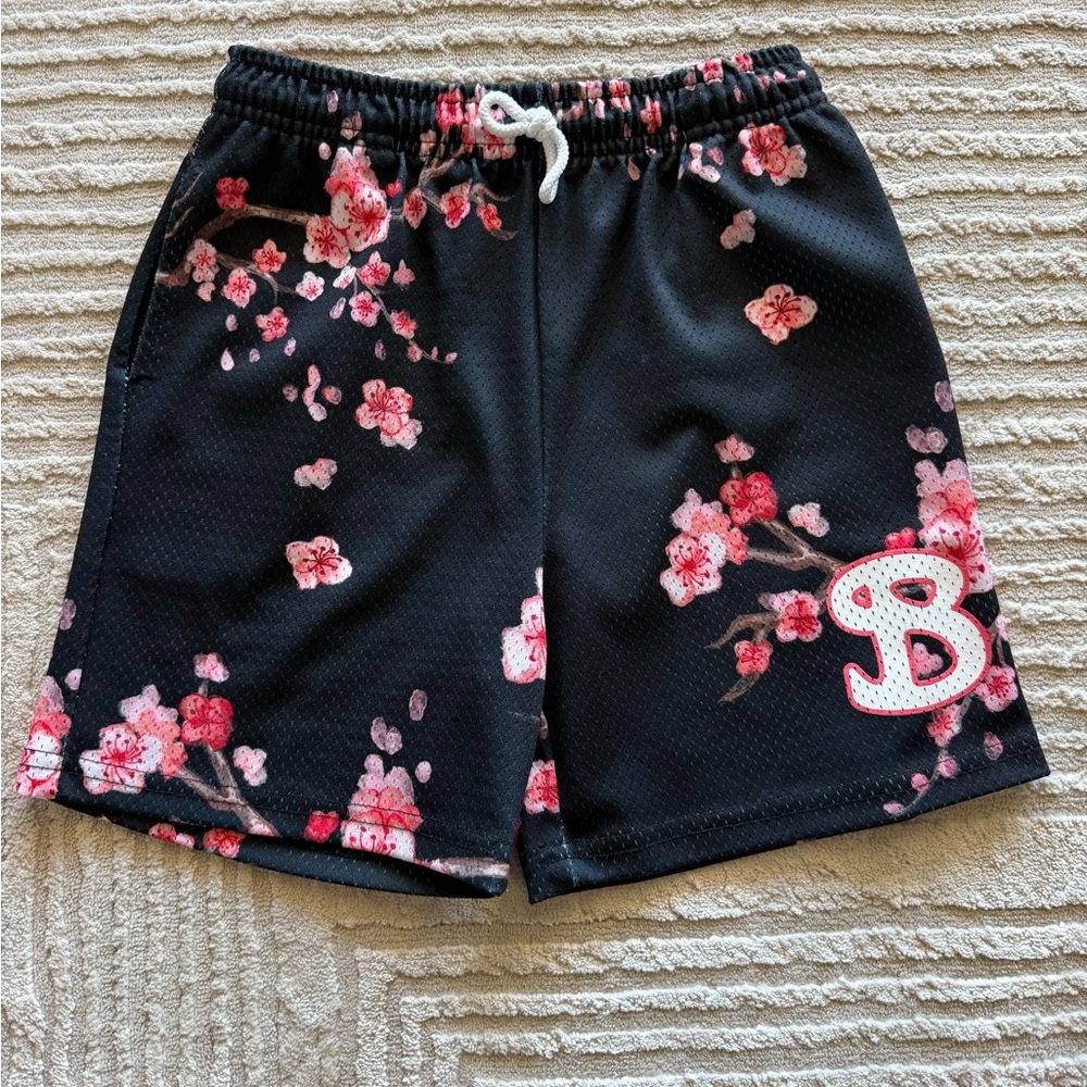Bucket squad  Black Shorts with Pink Accents Cherry Blossom Shorts Youth XL